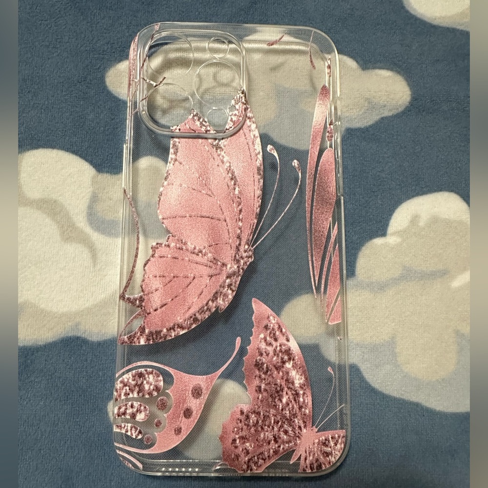 NEW IPhone 14 Pro Max PINK Glittery Butterfly Protection Case